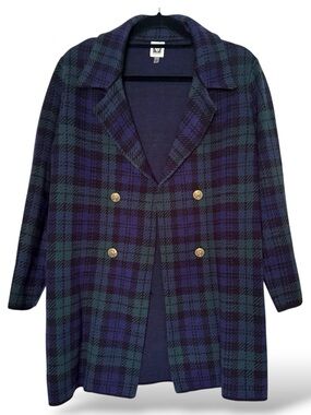 Vintage Anne Klein Blue Green Plaid Double Breasted Cardigan Jacket Medium